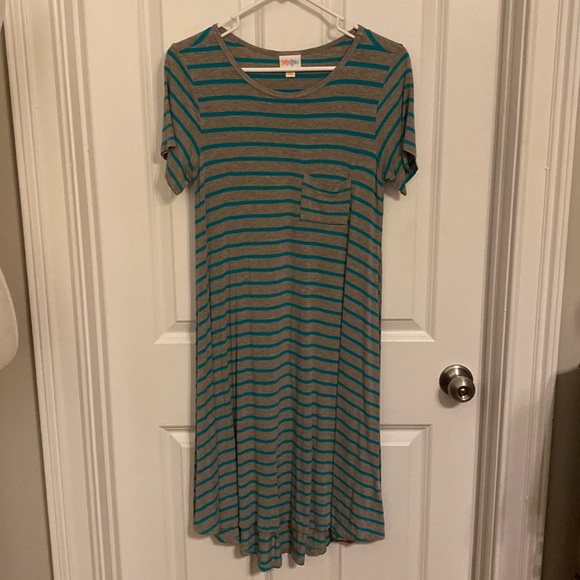 LuLaRoe grey and turquoise striped dress - Picture 1 of 5